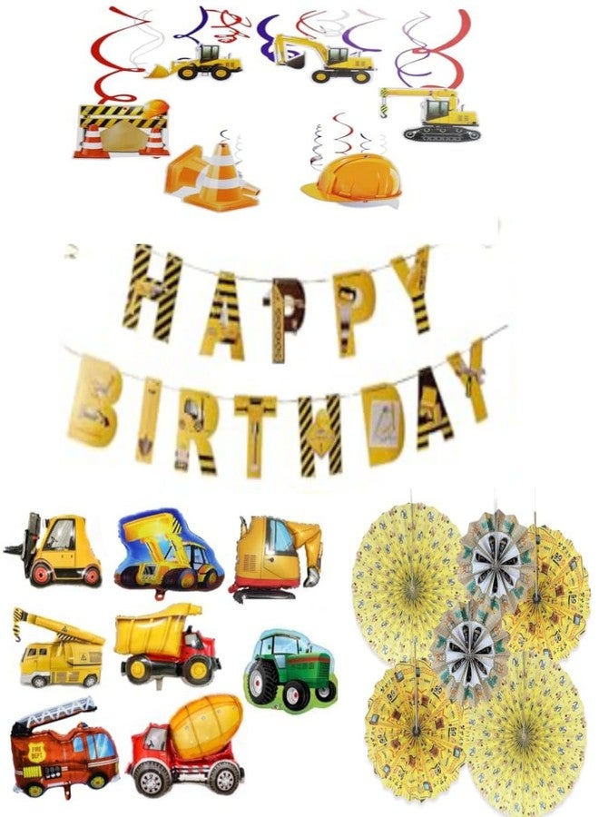 JAGMAG® Construction Theme Party Decorations for Kids, Construction Theme Set of 5 Balloons , 30Pcs Hanging Swirl , Paper Banner, Set of 6 Fan - Image 1